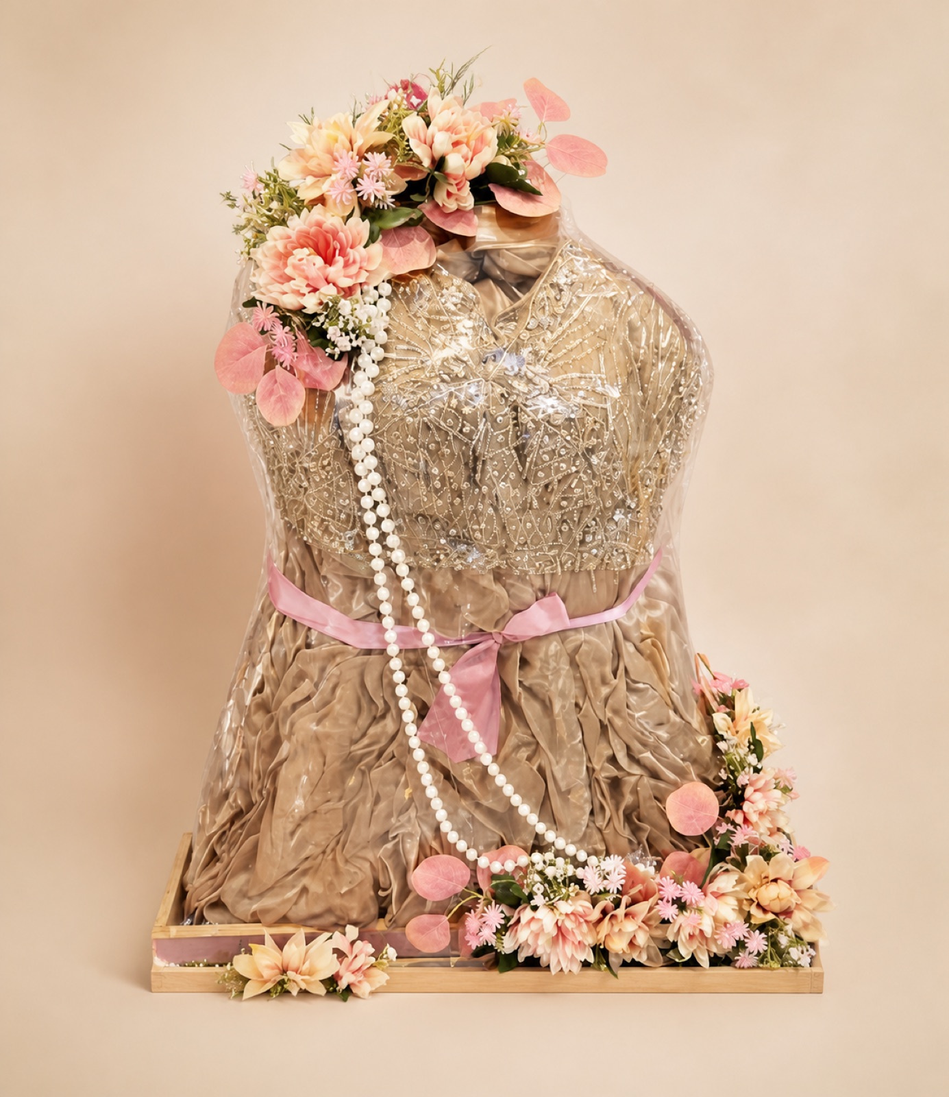 Champagne lehenga presentation finished with blush flowers and pearls