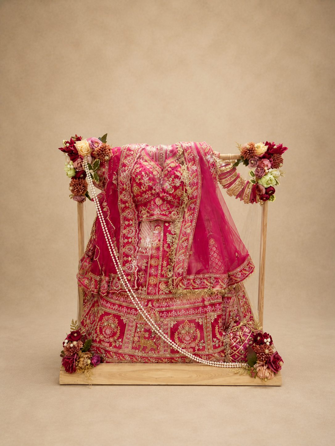 Pink bridal lehenga arranged on a floral wooden shaadi packing frame