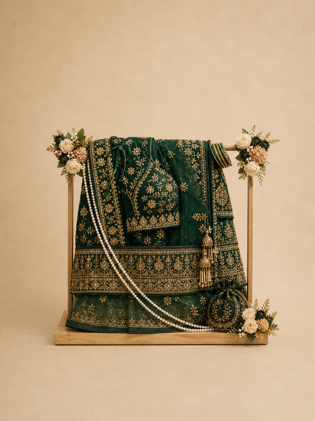 Emerald green and gold lehenga arranged with ivory flowers and pearls