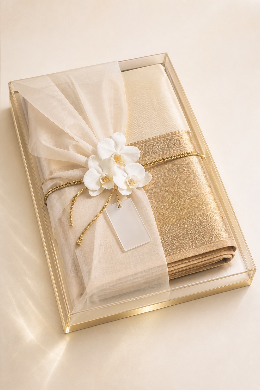Ivory and gold saree packed in a clear minimal Packro tray
