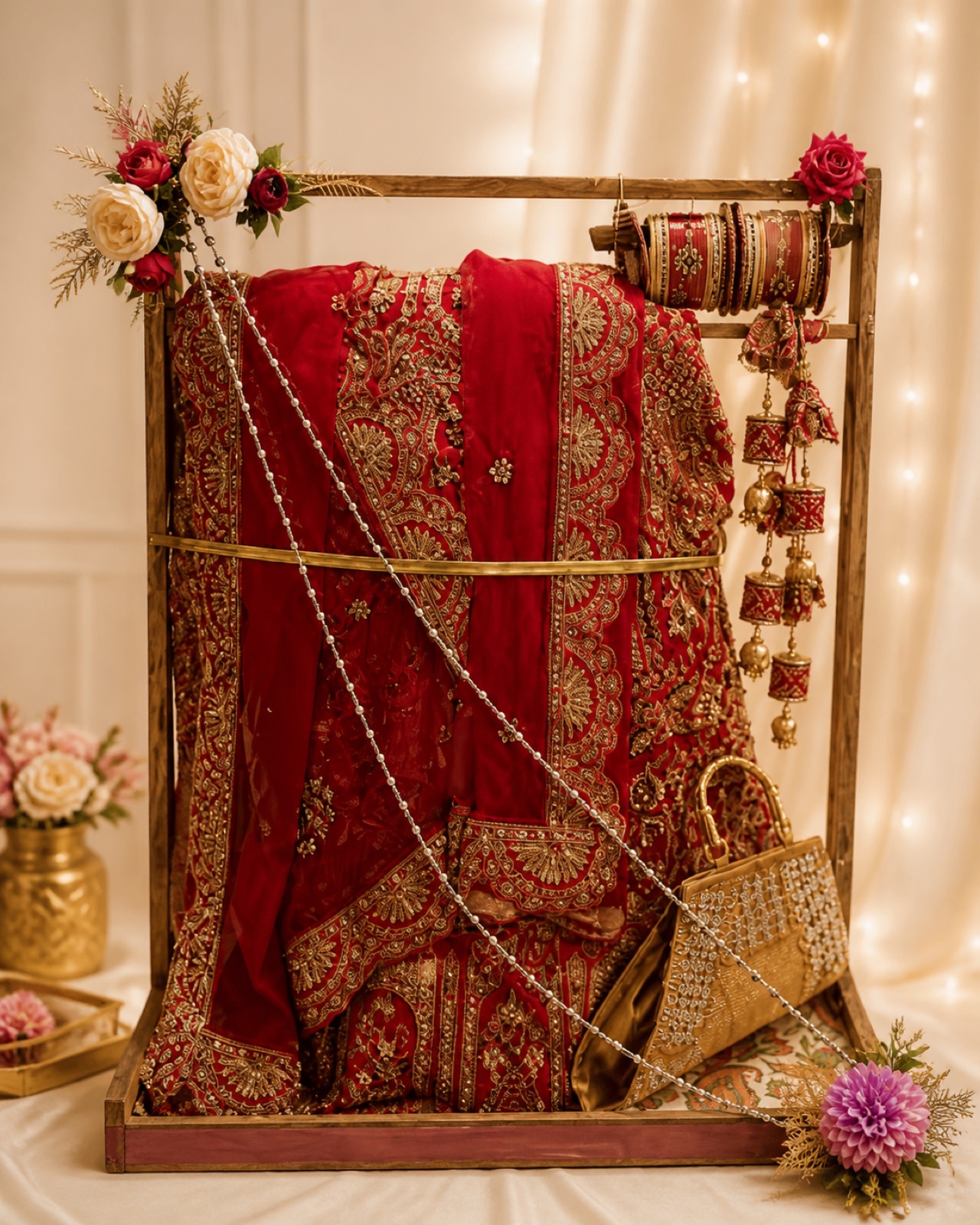 Red bridal lehenga arranged for trousseau packing on a wooden frame with flowers