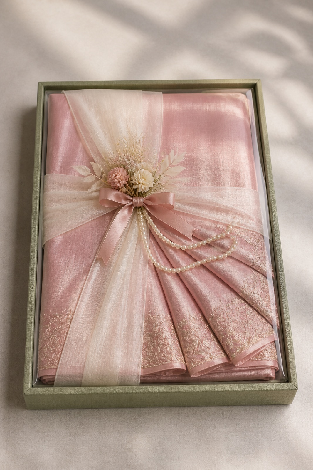 Blush pink saree packing with ivory ribbon, flowers and pearl strands