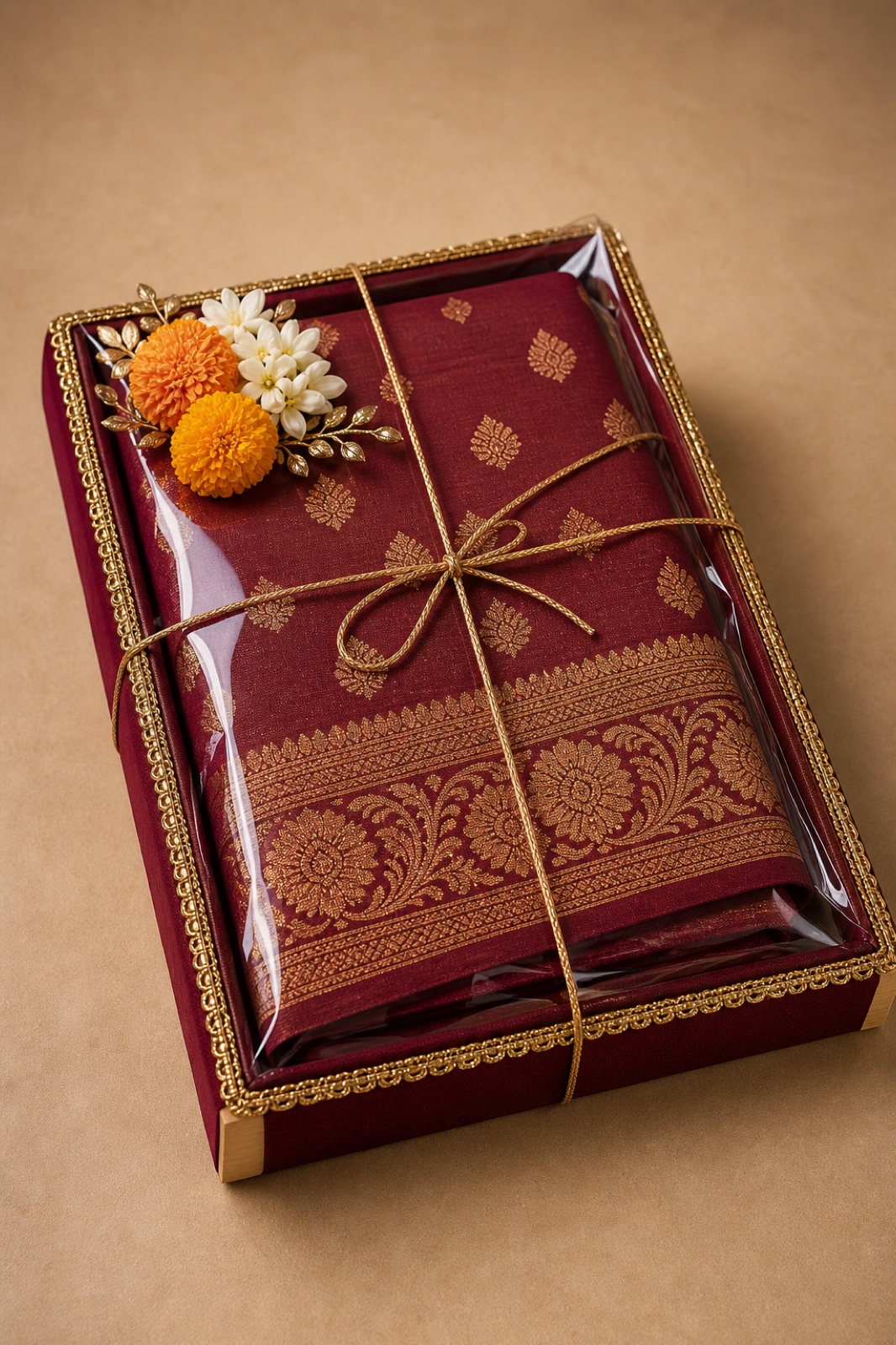 Maroon silk saree packed in a gold-trimmed shaadi packing tray with marigolds